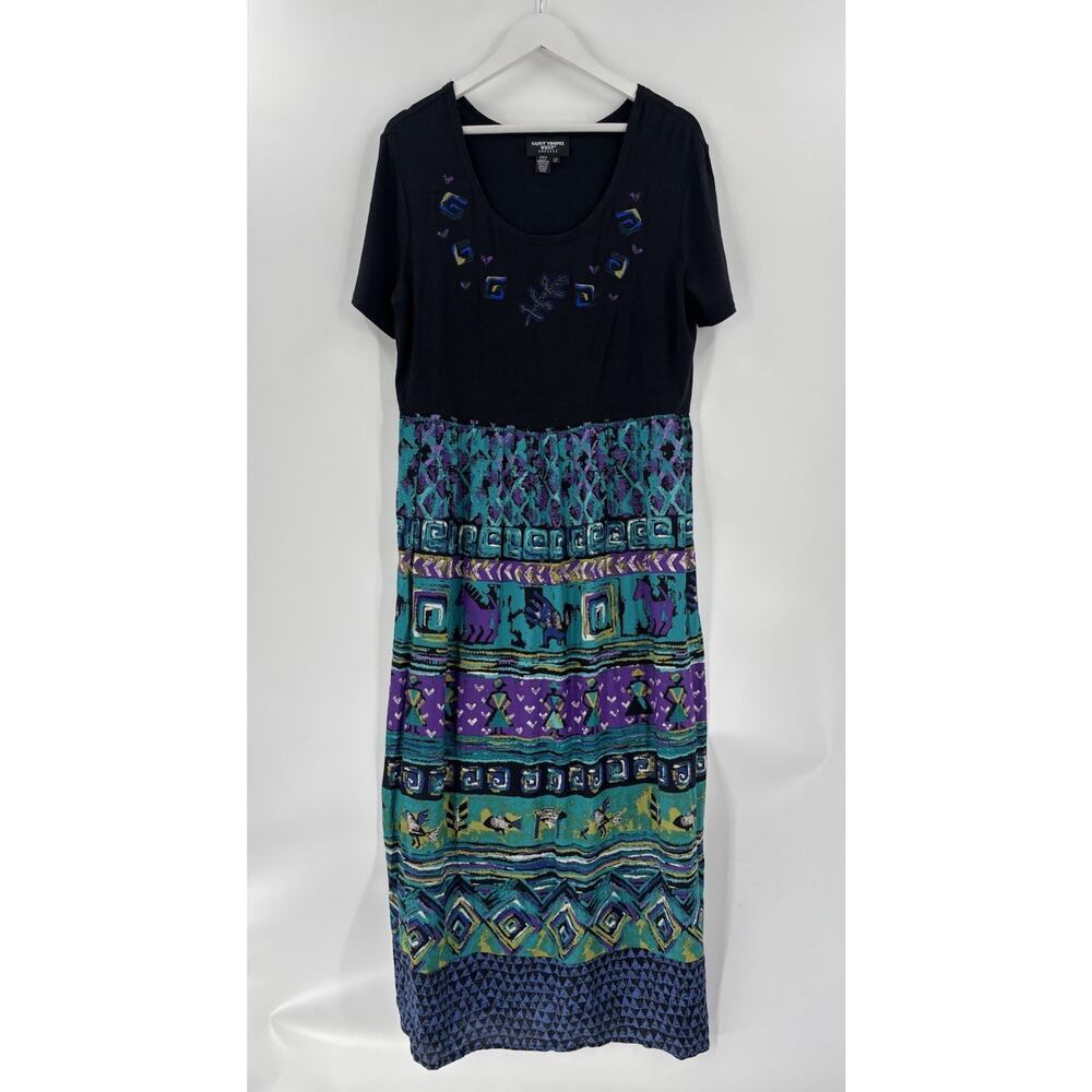 Vintage Saint Tropez West Dress Womens 12 Black Blue Maxi Short Sleeves 90s